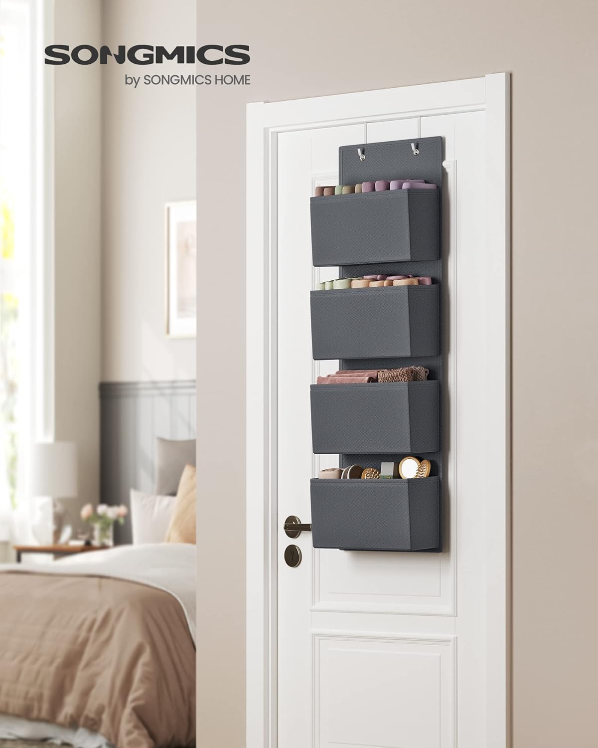 SONGMICS Organizator suspendat cu 4 compartimente, raft textil pentru usa sau perete, 33.5x12x100 cm, gri