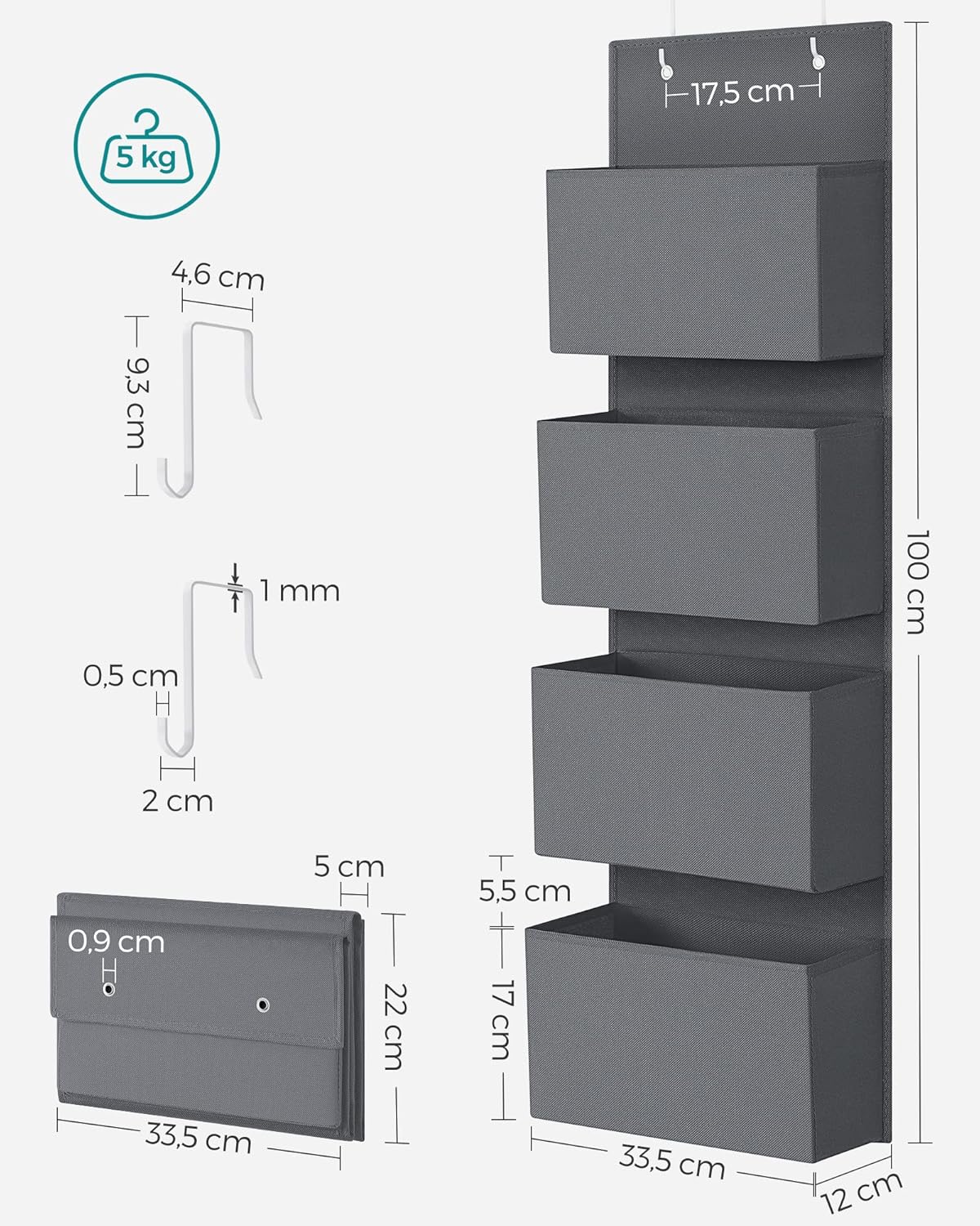 SONGMICS Organizator suspendat cu 4 compartimente, raft textil pentru usa sau perete, 33.5x12x100 cm, gri