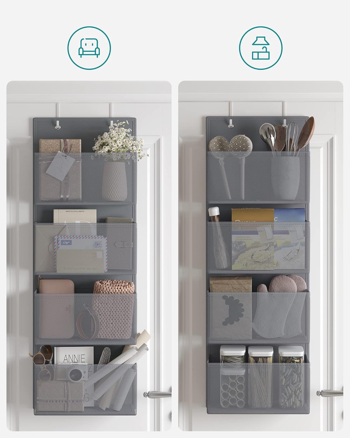 SONGMICS Organizator suspendat cu 4 compartimente, raft textil pentru usa sau perete, 33.5x12x100 cm, gri