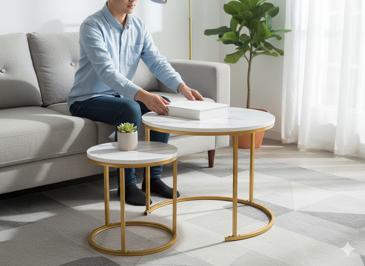 Set 2 masute cafea suprapozabile, MDF si metal, 60x50 cm si 40x40 cm, alb marmura si auriu