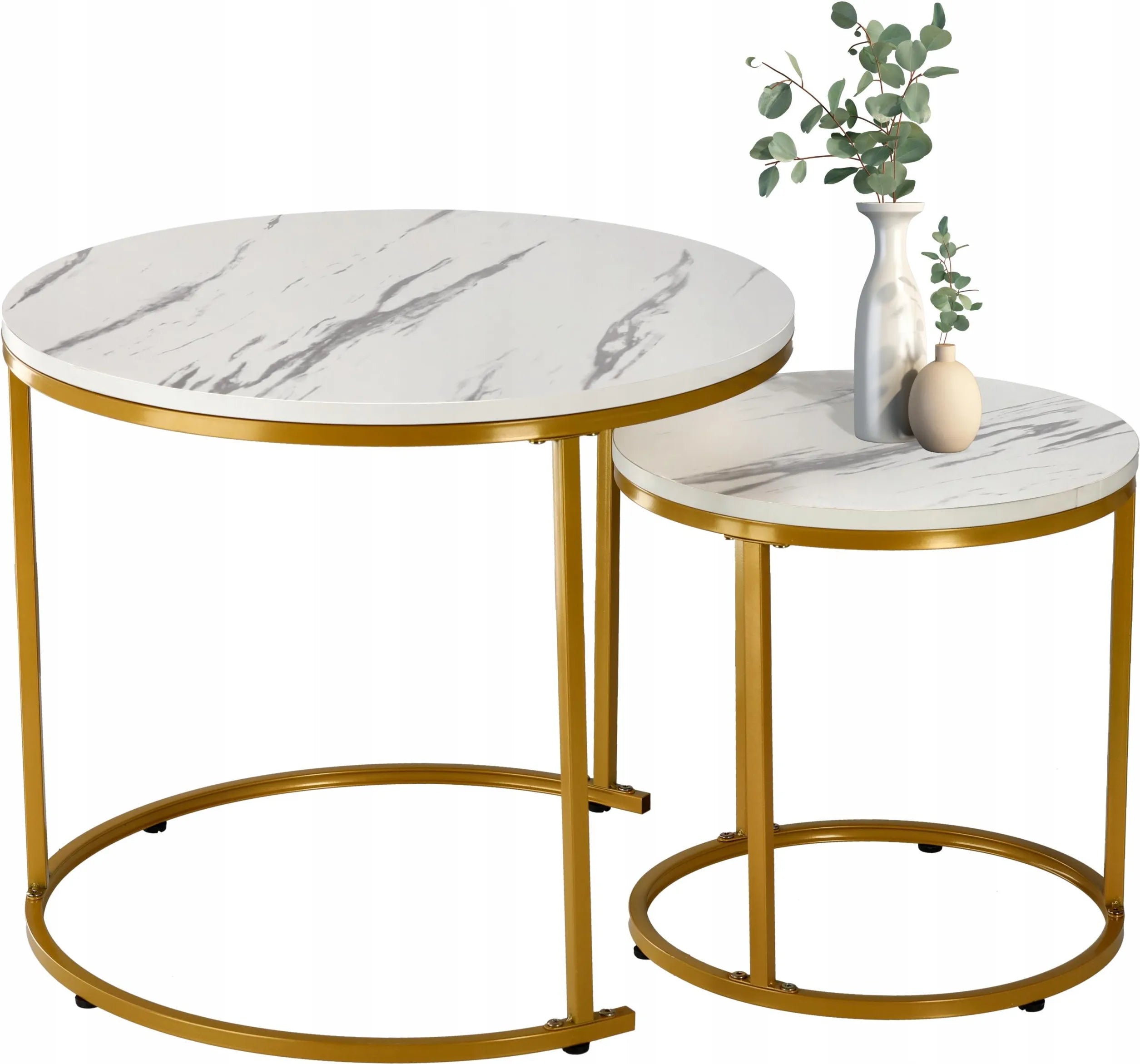 Set 2 masute cafea suprapozabile, MDF si metal, 60x50 cm si 40x40 cm, alb marmura si auriu