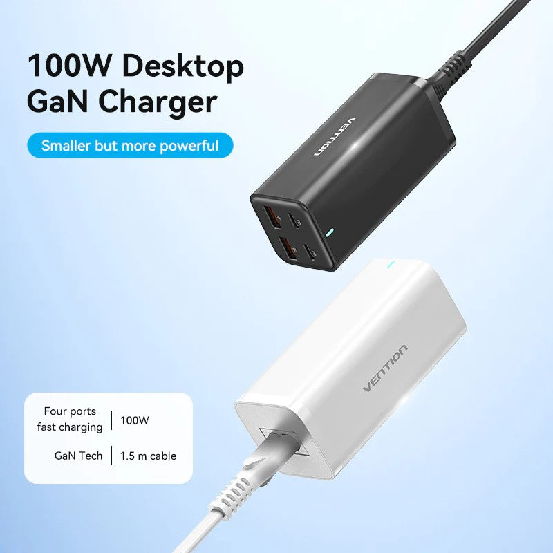 Alimentator retea Vention, 2 x USB-C (100W/100W), 2 x USB-A (18W/18W), GaN, PD, QC, Cablu alimentare 1.5m built-in, Cablu USB-C 1m inclus, negru, "FBSBG-EU"