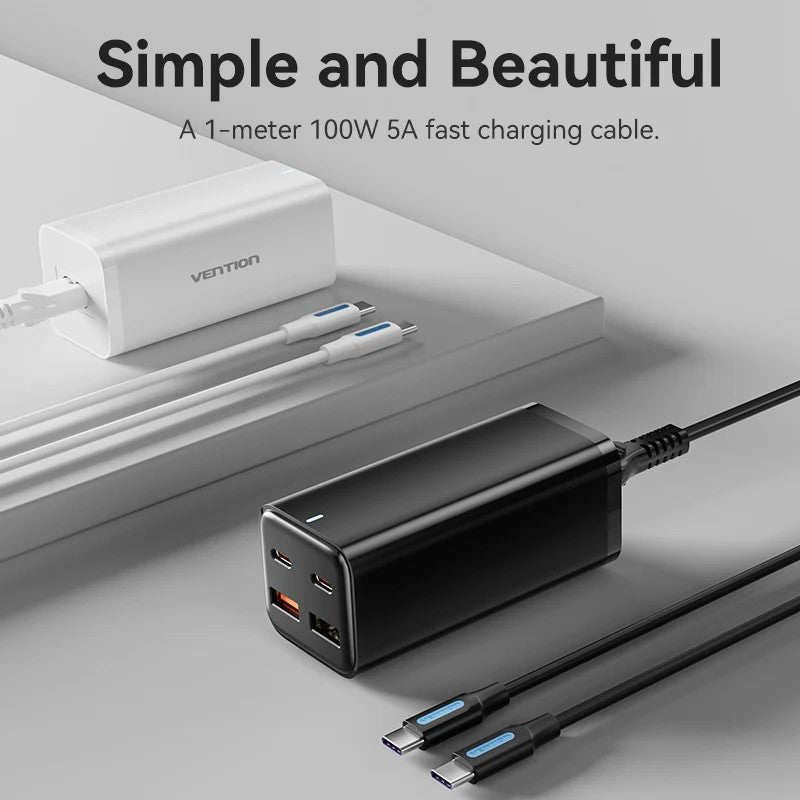 Alimentator retea Vention, 2 x USB-C (100W/100W), 2 x USB-A (18W/18W), GaN, PD, QC, Cablu alimentare 1.5m built-in, Cablu USB-C 1m inclus, negru, "FBSBG-EU"