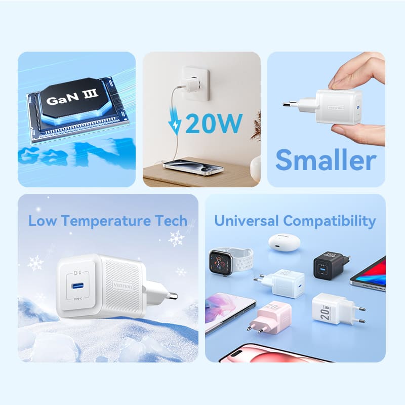 Alimentator retea Vention 20W, 1 x USB Type-C, 5V/3A, QC 3.0, alb, 