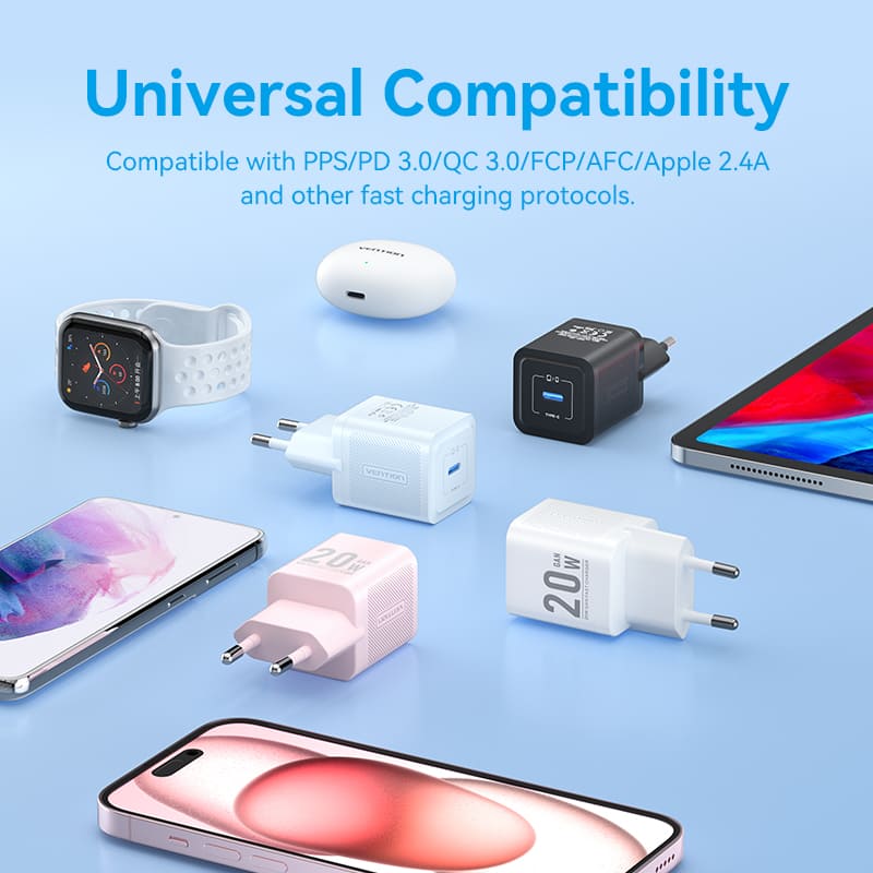 Alimentator retea Vention 20W, 1 x USB Type-C, 5V/3A, QC 3.0, albastru, 