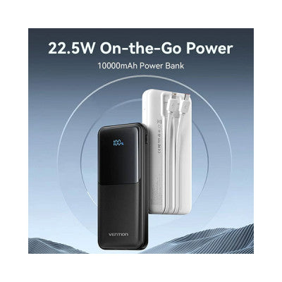 Power Bank Vention 10.000 mAh, 22.5W PD 20W, QC, 1x USB-C, 2x USB-A, 1x micro USB (doar pt incarcare), Cablu Ligtning si USB-C integrate, afisaj LED, Cablu Lightning si USB-C integrate, 314g, alb, 