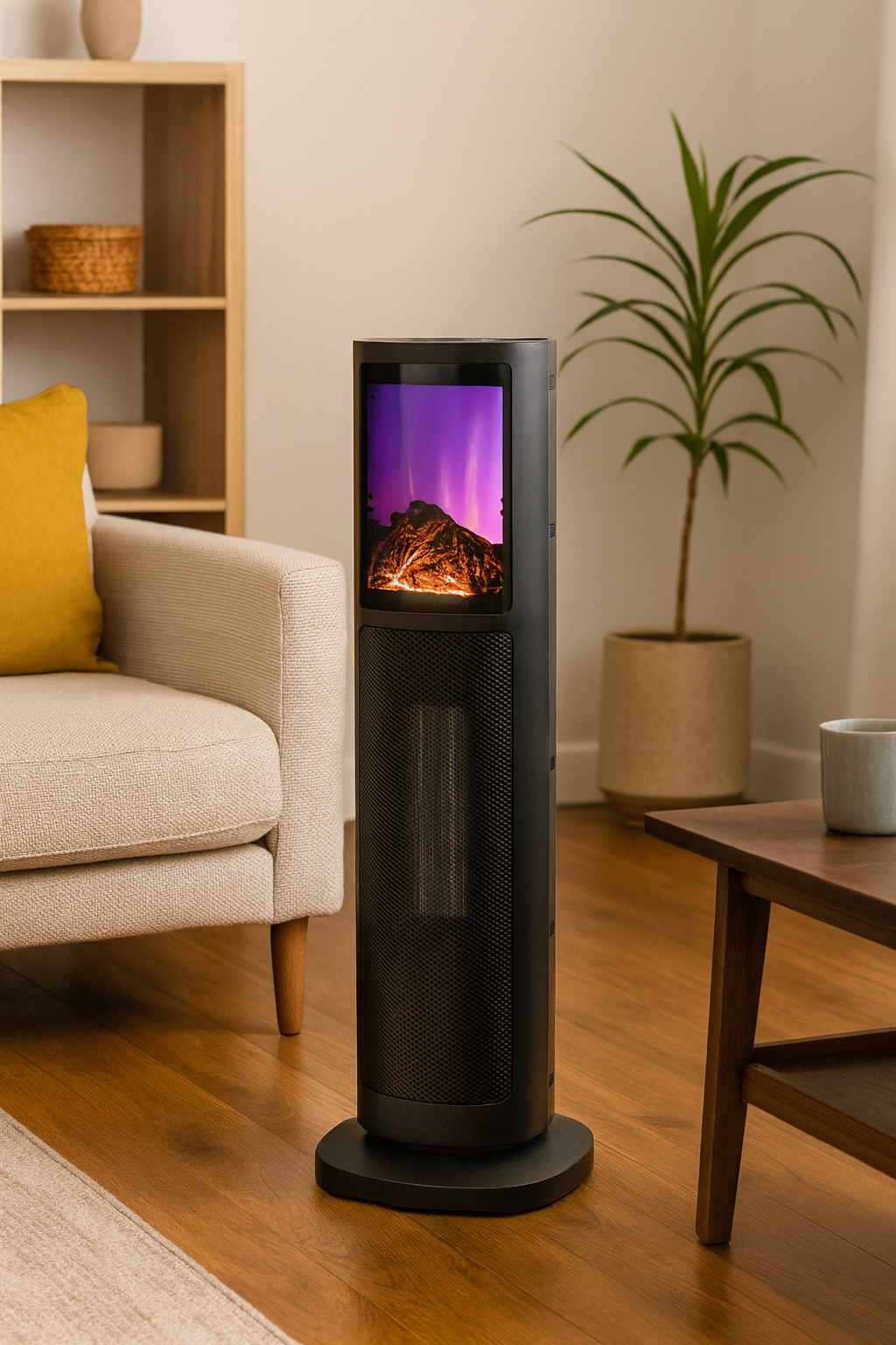 Semineu electric tip coloana cu efect de flacara, 2000W, termostat, 20x20x64 cm, negru