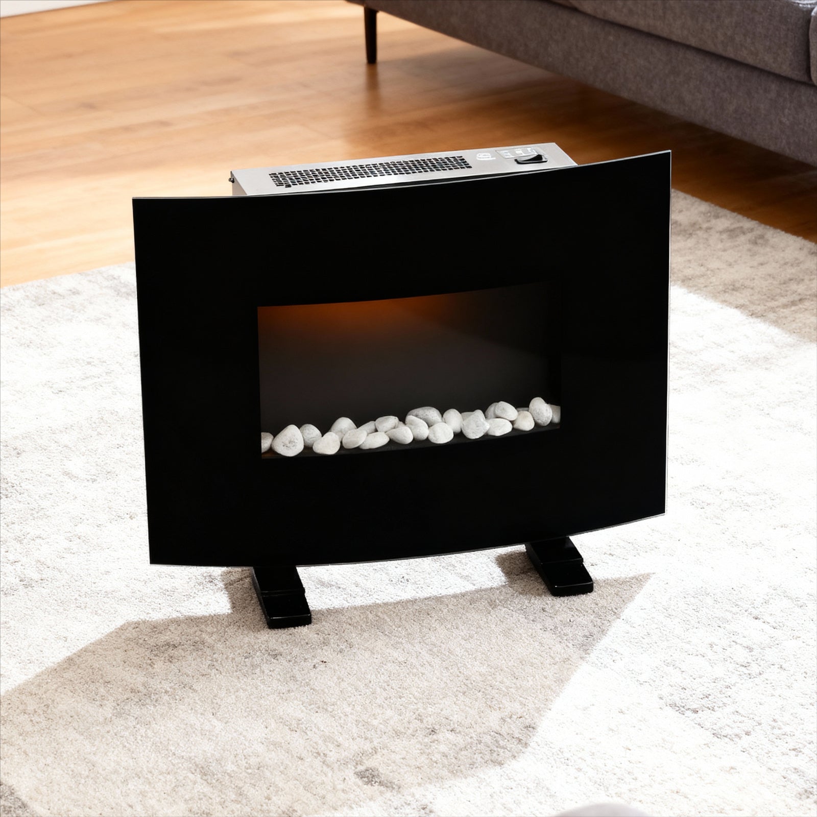 Semineu electric, montaj podea sau perete, efect de flacara, 2000W, 2 trepte, telecomanda, 61x14x48 cm, negru