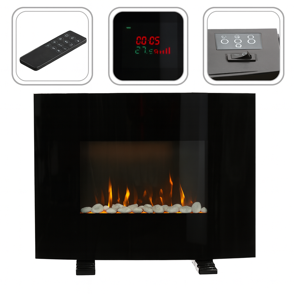 Semineu electric, montaj podea sau perete, efect de flacara, 2000W, 2 trepte, telecomanda, 61x14x48 cm, negru