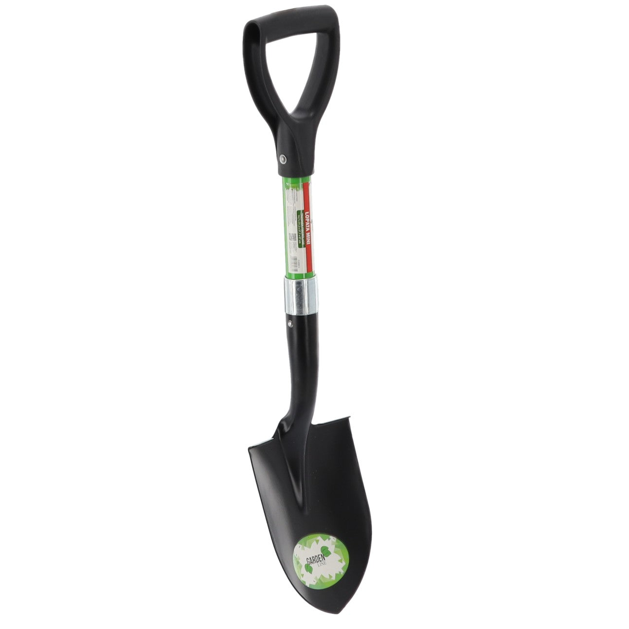 Lopata mini cu lama ascutita, maner fibra de sticla, cap metalic, 68 cm, maner tip D, verde si negru