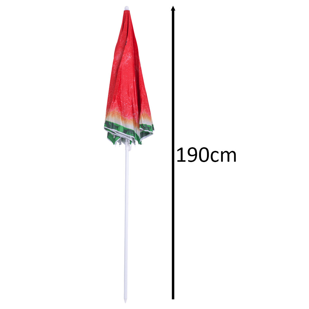 Umbrela de plaja pliabila, cu inclinare si inaltime reglabila, diametru 150 cm, rosu cu imprimeu pepene