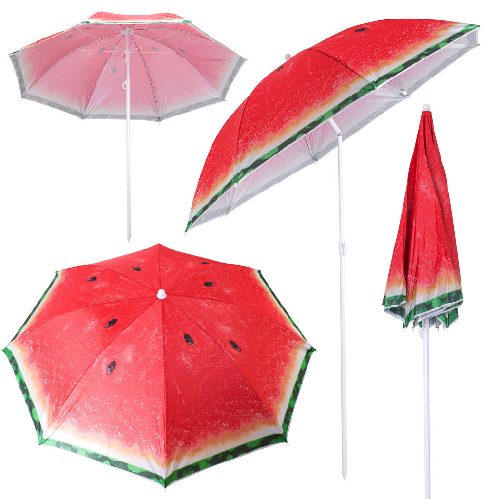 Umbrela de plaja pliabila, cu inclinare si inaltime reglabila, diametru 150 cm, rosu cu imprimeu pepene