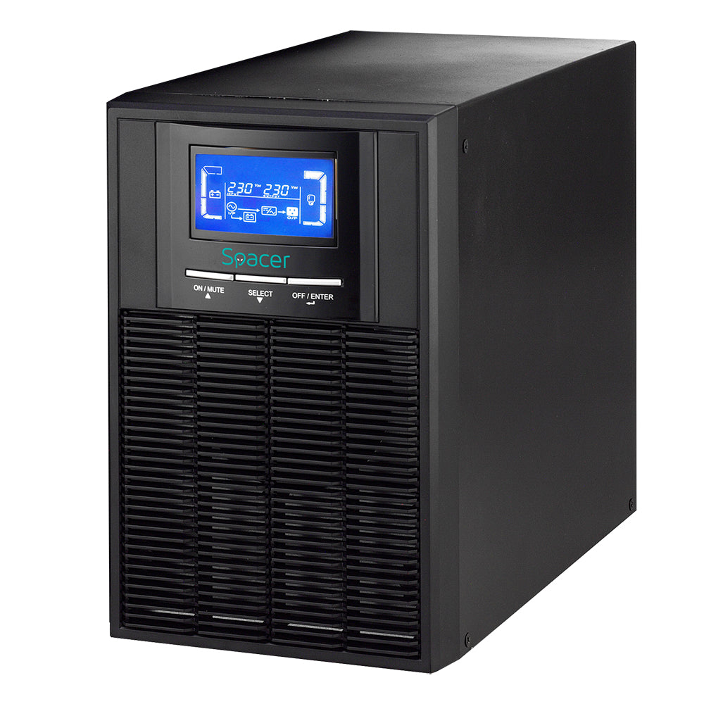 UPS Spacer Online, LCD, 1000VA/ 900W, sin. pura, 3 x socket Schuko, display LCD, 2 x baterie 12V/9Ah, conector USB, RS-232, EPO, slot SNMP, bateria are 12 luni garantie, "SPUP-1000D-OLT01"