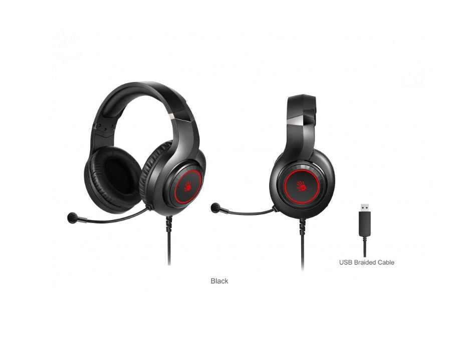 CASTI A4TECH Bloody gaming, cu fir, tip standard, utilizare multimedia (PC and more), microfon pe casca, iluminare, negru, USB, cablu 2m, "G220S" (timbru verde 0.8 lei)