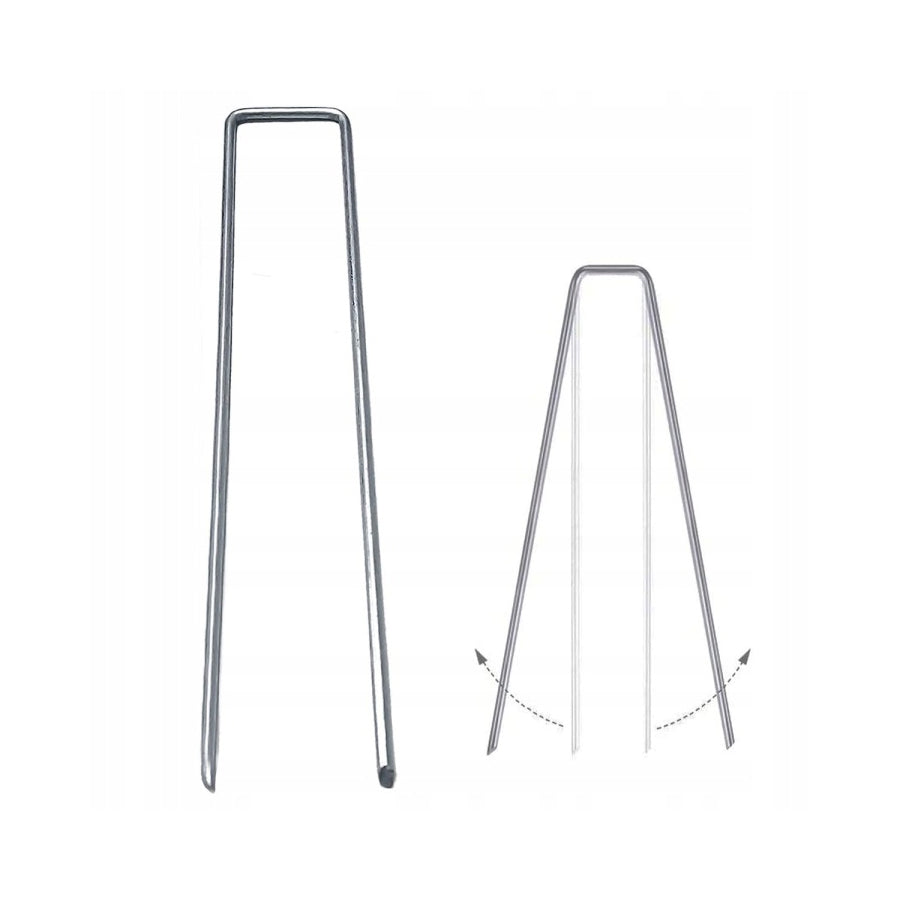 Set 100 de ancore metalice tip U pentru fixare panza anti-buruieni, 15x3 cm, argintiu
