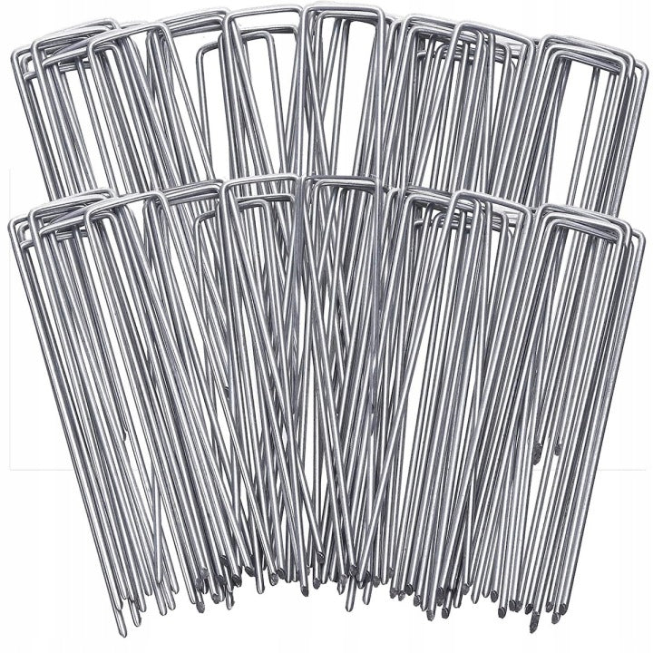 Set 100 de ancore metalice tip U pentru fixare panza anti-buruieni, 15x3 cm, argintiu