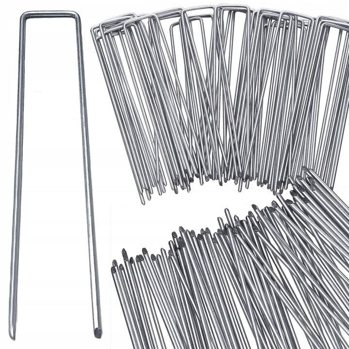 Set 100 de ancore metalice tip U pentru fixare panza anti-buruieni, 15x3 cm, argintiu