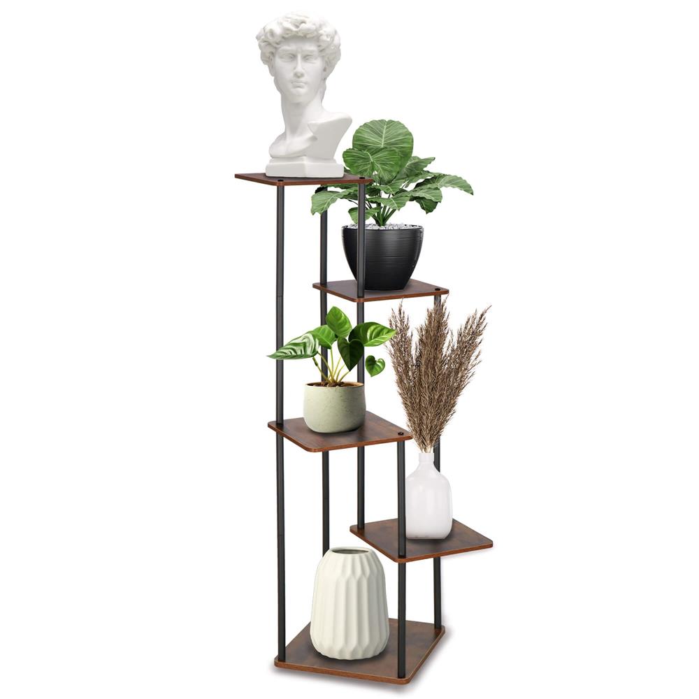 Suport pentru flori, 106x58 cm, negru/maro deschis – 5 rafturi, structura metalica, design modern