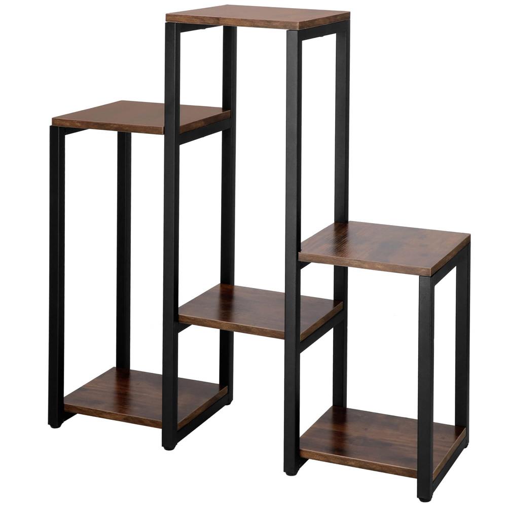 Suport pentru flori, 79x69x24 cm, negru/maro inchis – 6 rafturi, cadru metalic, design modern
