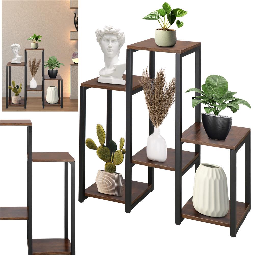 Suport pentru flori, 79x69x24 cm, negru/maro inchis – 6 rafturi, cadru metalic, design modern