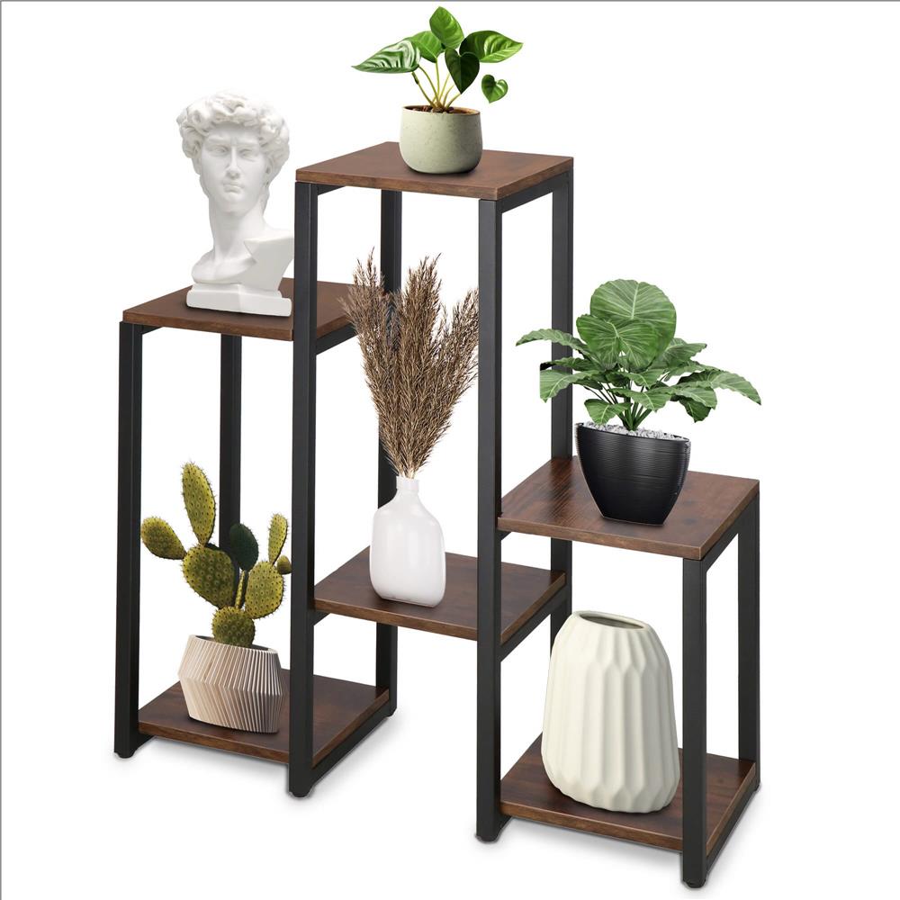 Suport pentru flori, 79x69x24 cm, negru/maro inchis – 6 rafturi, cadru metalic, design modern