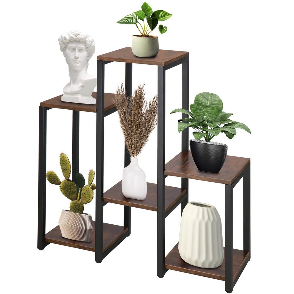 Suport pentru flori, 79x69x24 cm, negru/maro inchis – 6 rafturi, cadru metalic, design modern