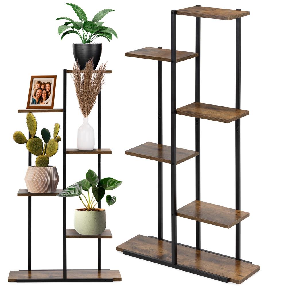 Etajera cu 6 rafturi din metal si MDF, 60x20x113 cm, negru si maro