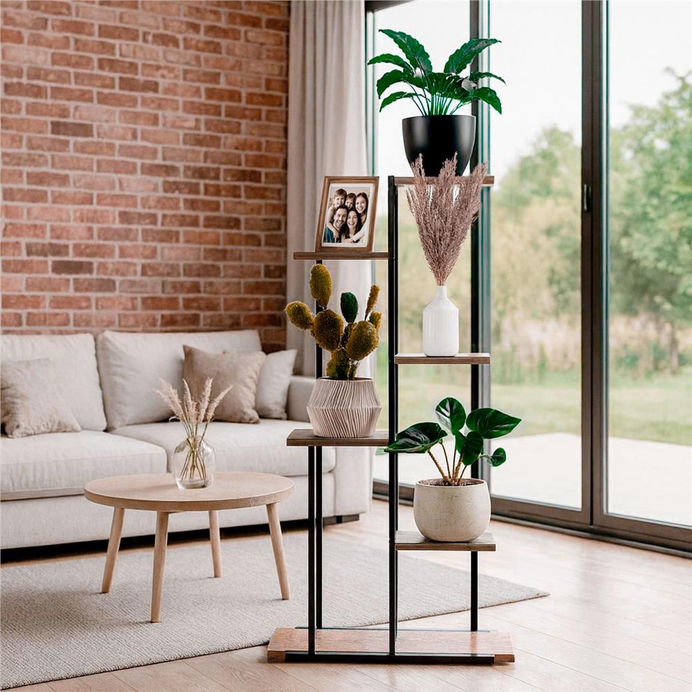 Etajera cu 6 rafturi din metal si MDF, 60x20x113 cm, negru si maro