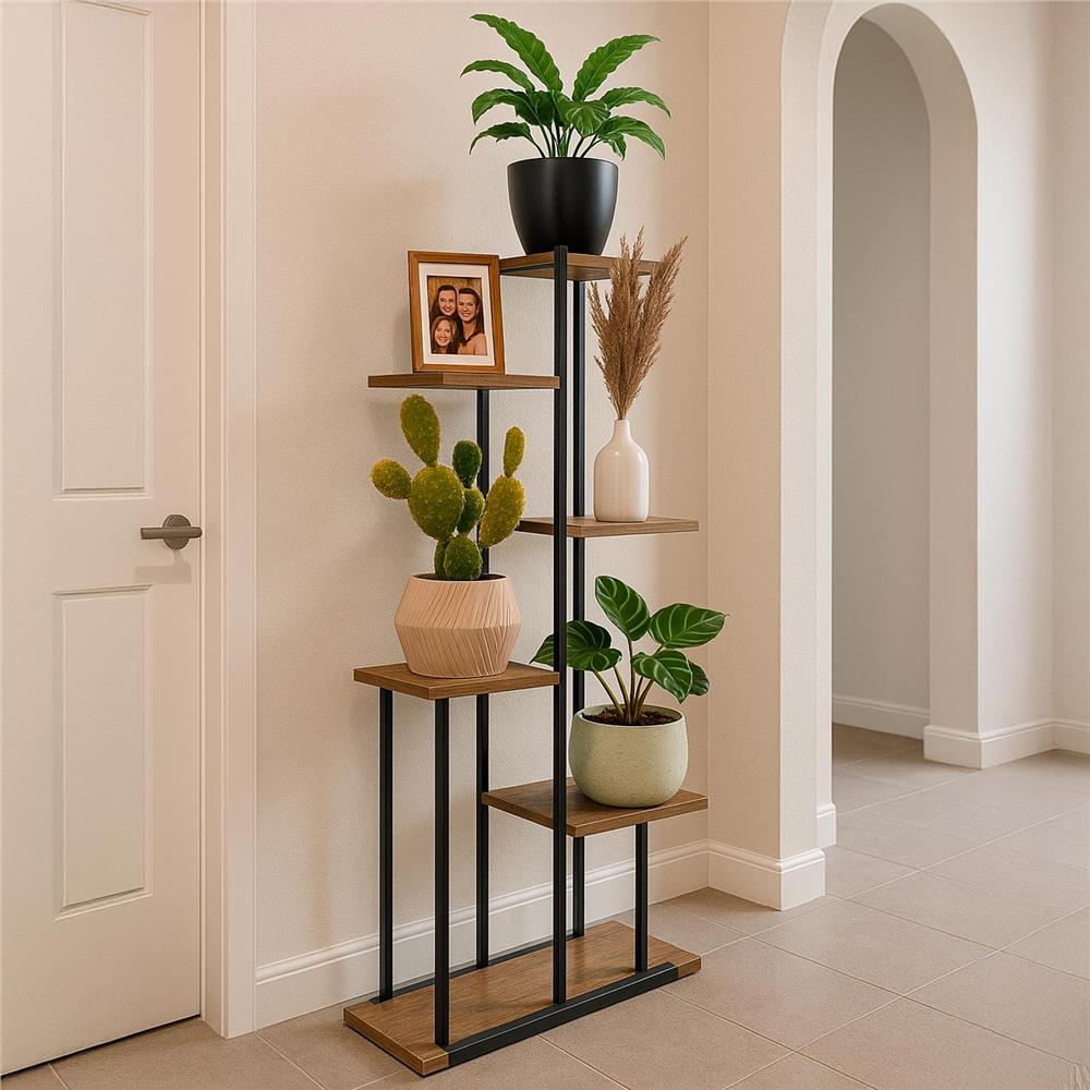 Etajera cu 6 rafturi din metal si MDF, 60x20x113 cm, negru si maro