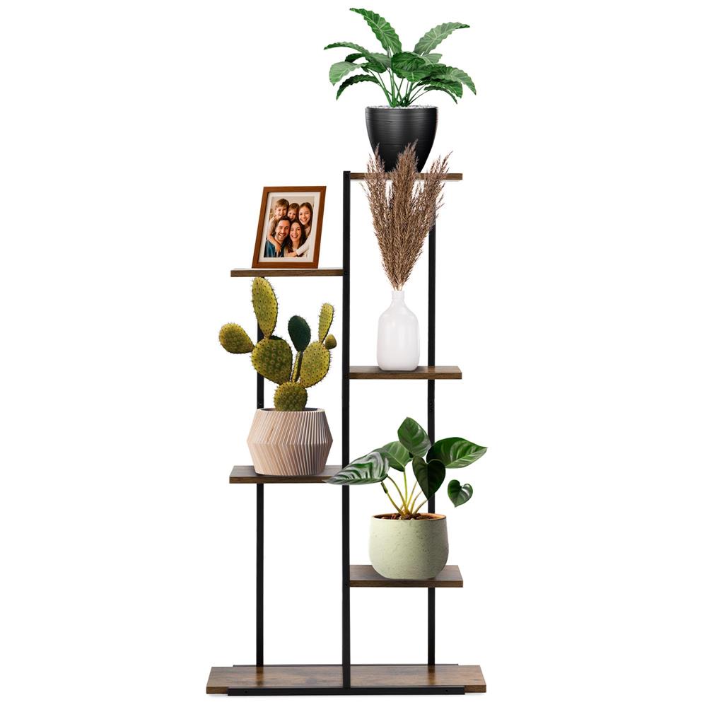 Etajera cu 6 rafturi din metal si MDF, 60x20x113 cm, negru si maro