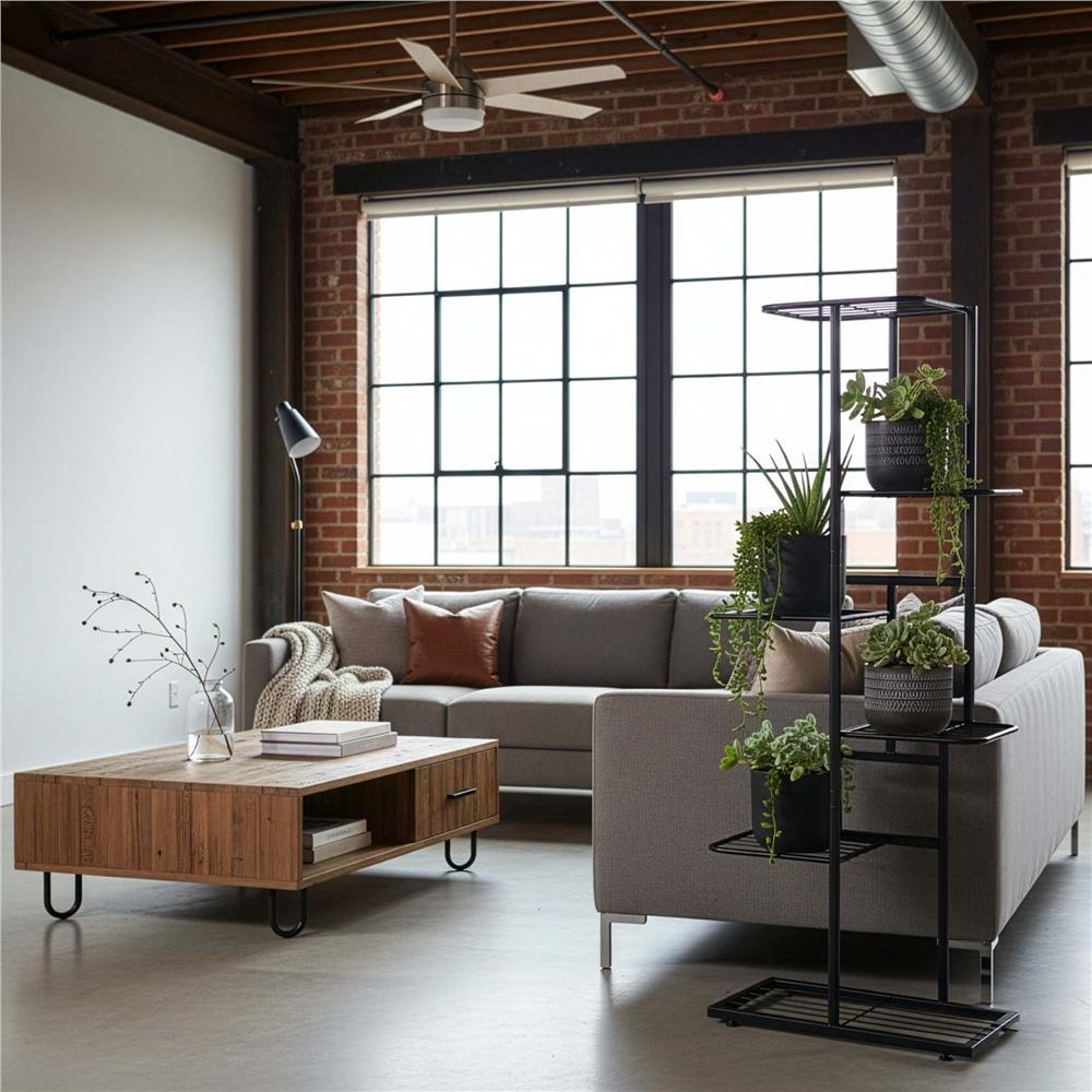 Suport pentru flori, metalic, cu 6 polite, structura verticala, 41x22x106 cm, negru