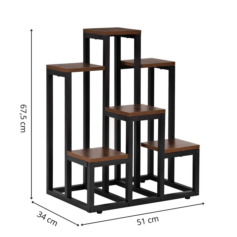 Suport pentru flori cu 6 polite din lemn, structura metal, 51x34x68 cm, negru