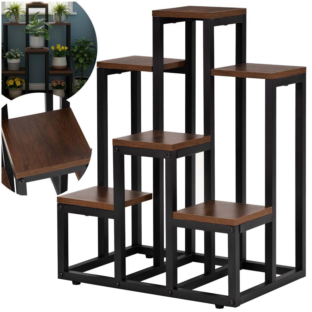 Suport pentru flori cu 6 polite din lemn, structura metal, 51x34x68 cm, negru