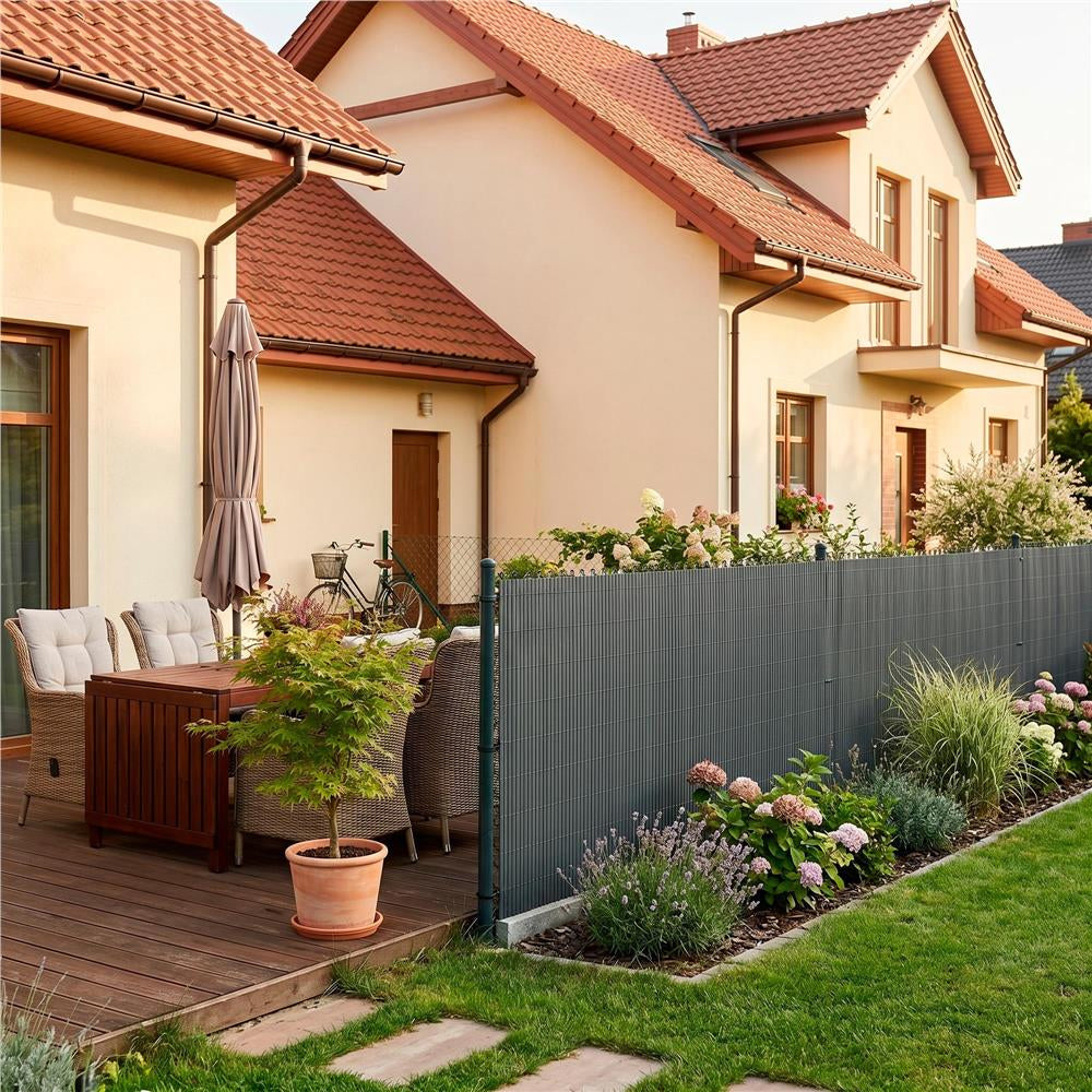 Panou de gard pentru intimitate in gradina, lamele PVC ce imita bambusul, protectie UV, 500x180 cm, gri