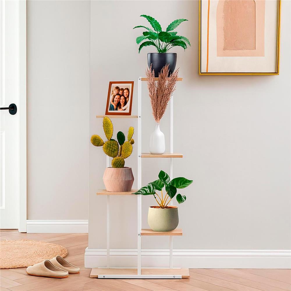 Etajera cu 6 rafturi din metal si MDF, 60x20x113 cm, alb si maro