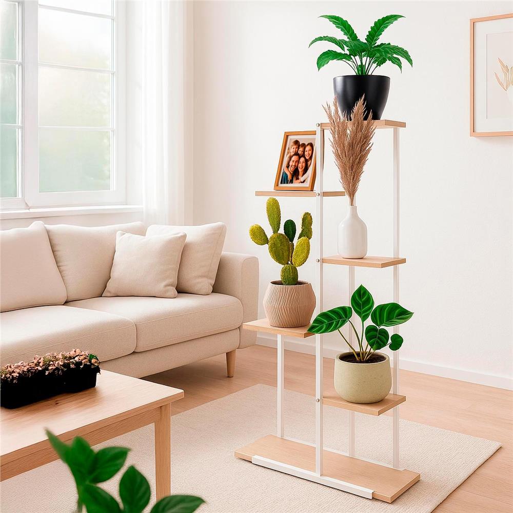 Etajera cu 6 rafturi din metal si MDF, 60x20x113 cm, alb si maro