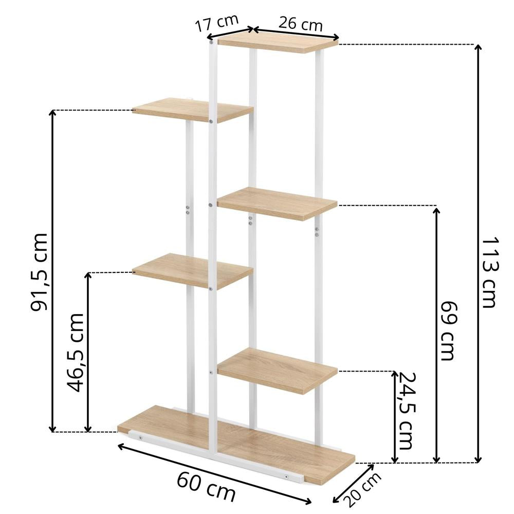 Etajera cu 6 rafturi din metal si MDF, 60x20x113 cm, alb si maro