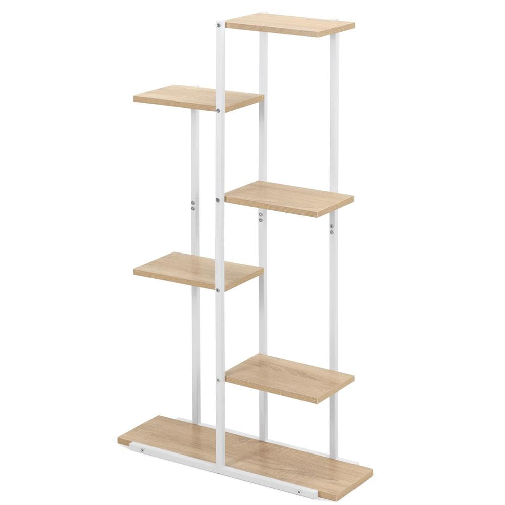 Etajera cu 6 rafturi din metal si MDF, 60x20x113 cm, alb si maro