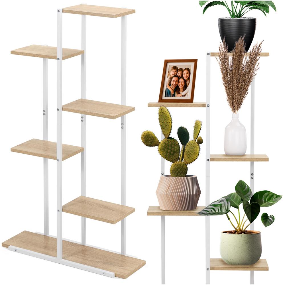 Etajera cu 6 rafturi din metal si MDF, 60x20x113 cm, alb si maro