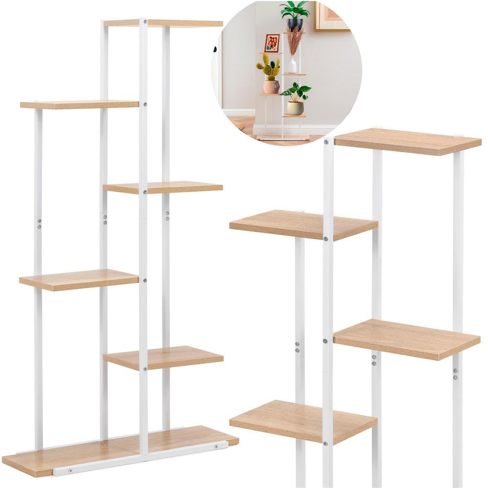 Etajera cu 6 rafturi din metal si MDF, 60x20x113 cm, alb si maro