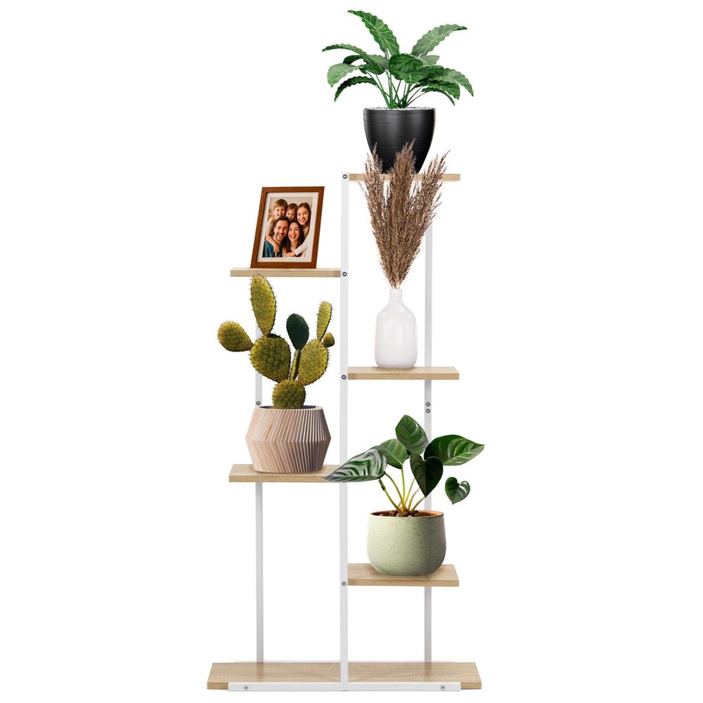 Etajera cu 6 rafturi din metal si MDF, 60x20x113 cm, alb si maro