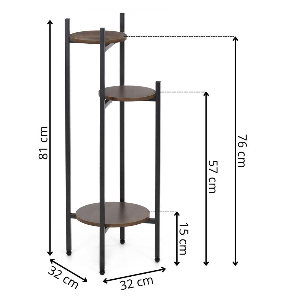 Suport pentru flori, rotund cu 3 polite, structura metalica si MDF, 32x32x81 cm, negru