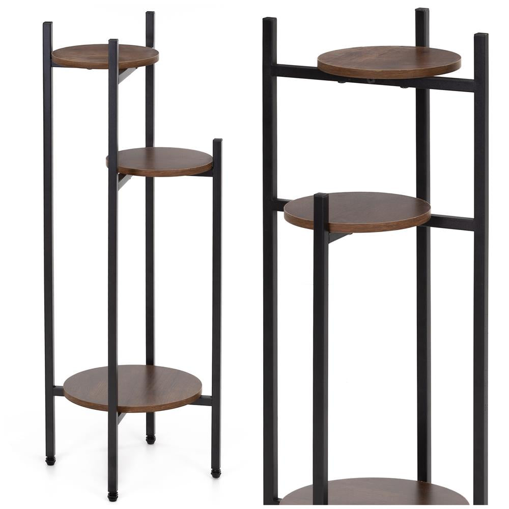 Suport pentru flori, rotund cu 3 polite, structura metalica si MDF, 32x32x81 cm, negru
