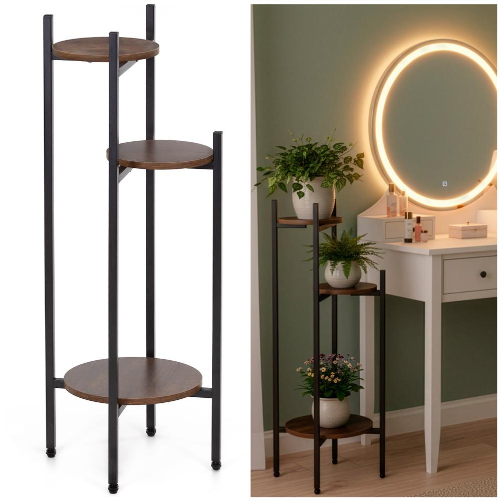 Suport pentru flori, rotund cu 3 polite, structura metalica si MDF, 32x32x81 cm, negru