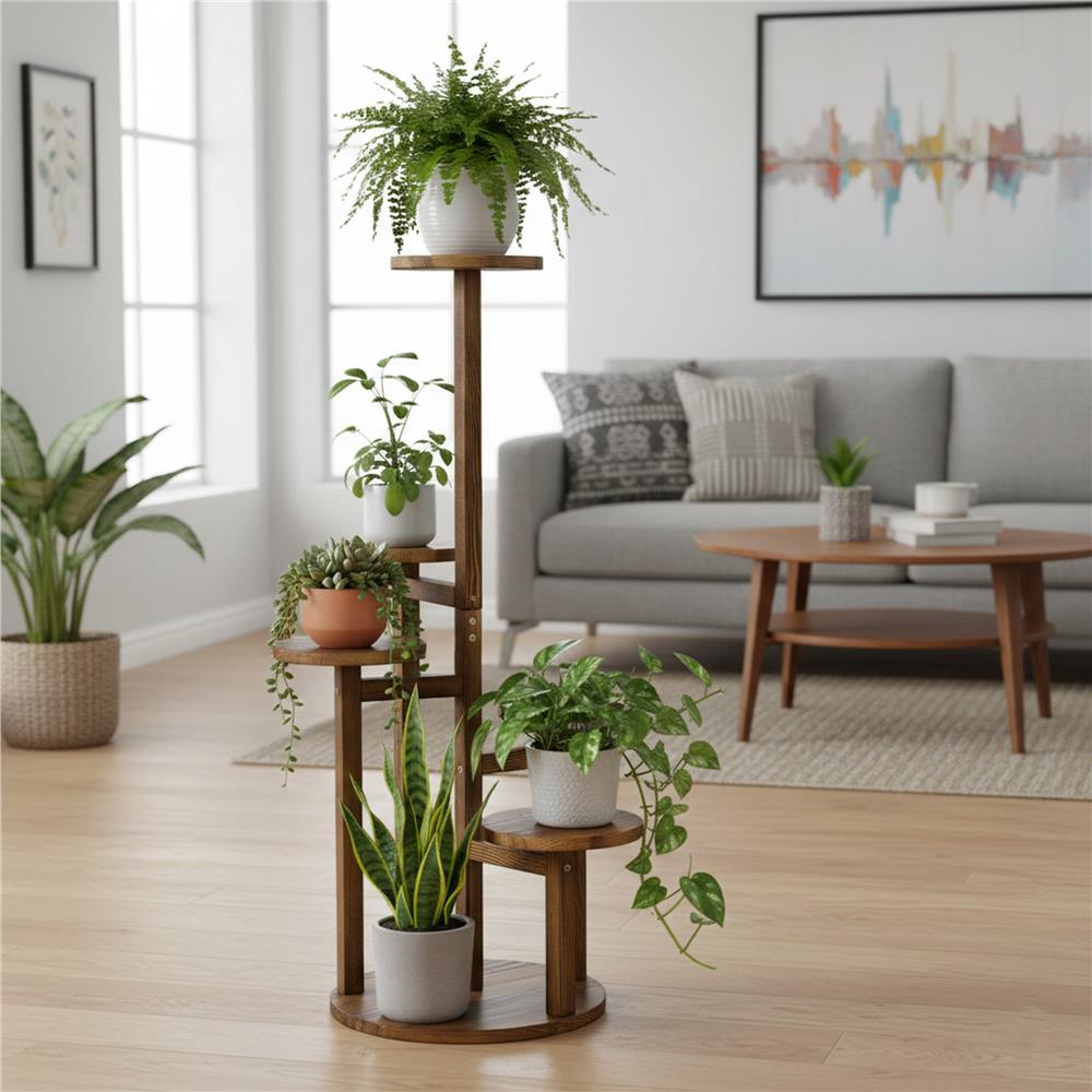 Suport pentru flori, din lemn si MDF, 6 niveluri pentru ghivece, 48x48x87 cm, maro