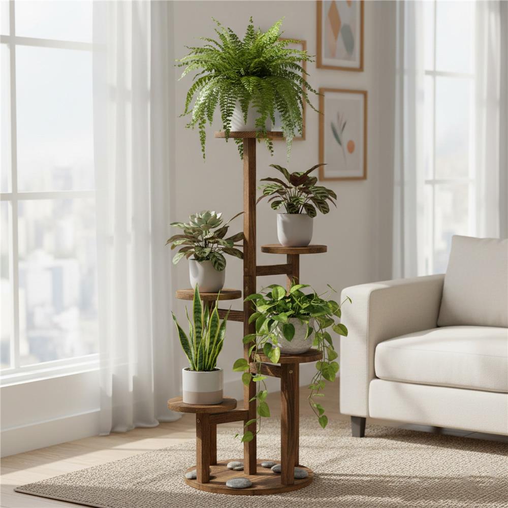 Suport pentru flori, din lemn si MDF, 6 niveluri pentru ghivece, 48x48x87 cm, maro