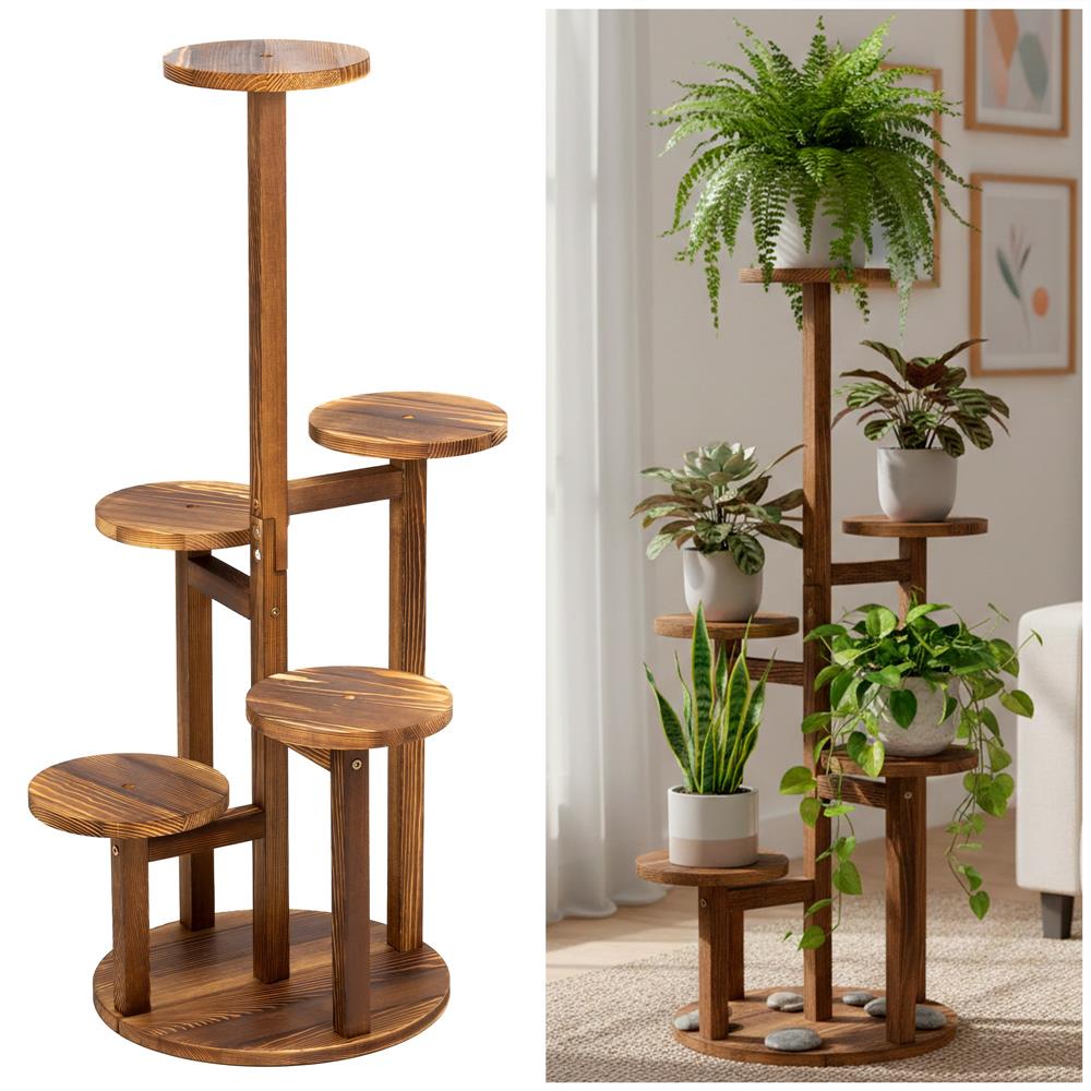Suport pentru flori, din lemn si MDF, 6 niveluri pentru ghivece, 48x48x87 cm, maro