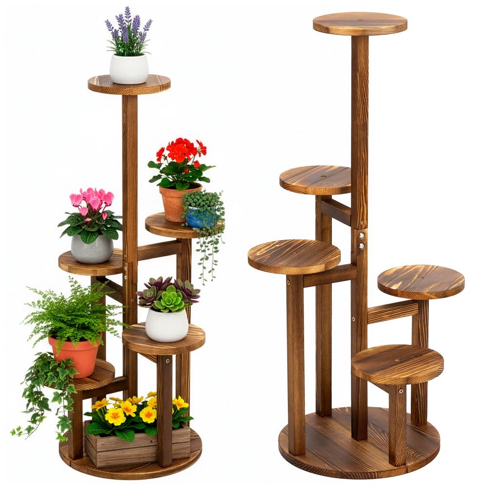 Suport pentru flori, din lemn si MDF, 6 niveluri pentru ghivece, 48x48x87 cm, maro