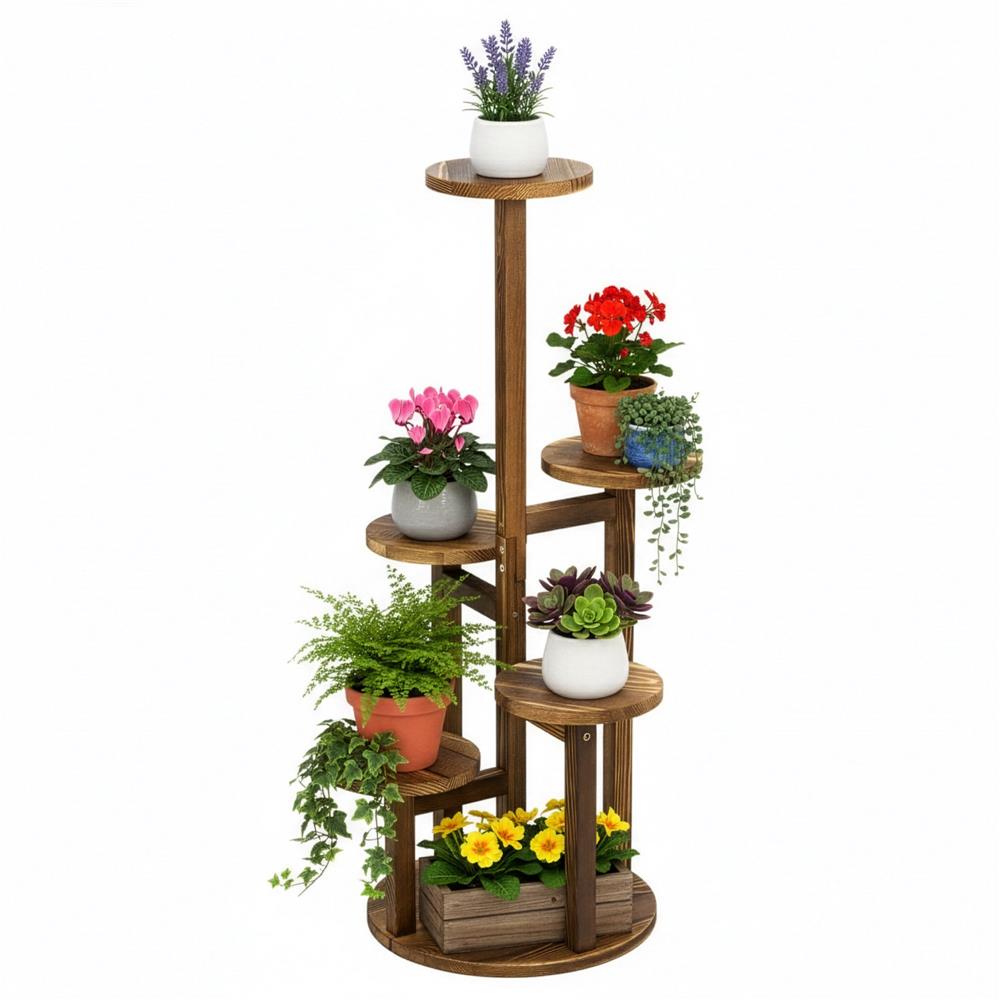 Suport pentru flori, din lemn si MDF, 6 niveluri pentru ghivece, 48x48x87 cm, maro
