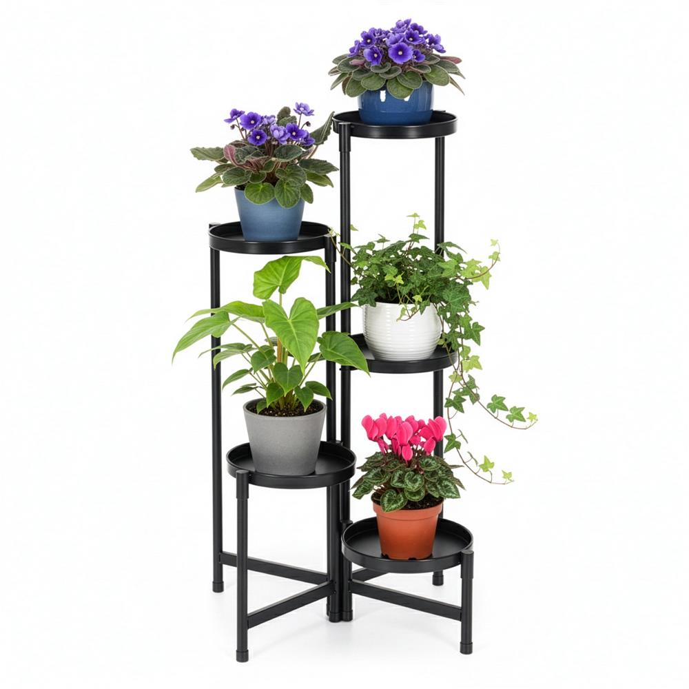 Suport metalic pentru flori cu 5 niveluri, structura pliabila, 48x48x79 cm, negru